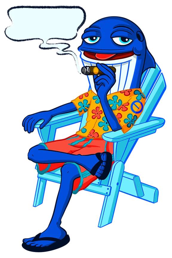Moby in a Hawaiian shirt lounging on a beach chair with a cigar and an empty speech bubble