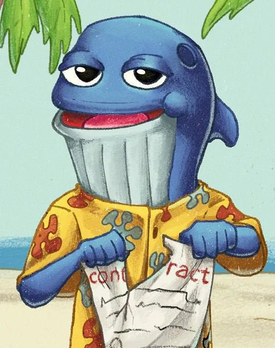 Moby tearing up a paper contract on the beach