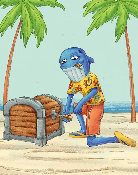 Moby locking a wooden treasure chest on the beach