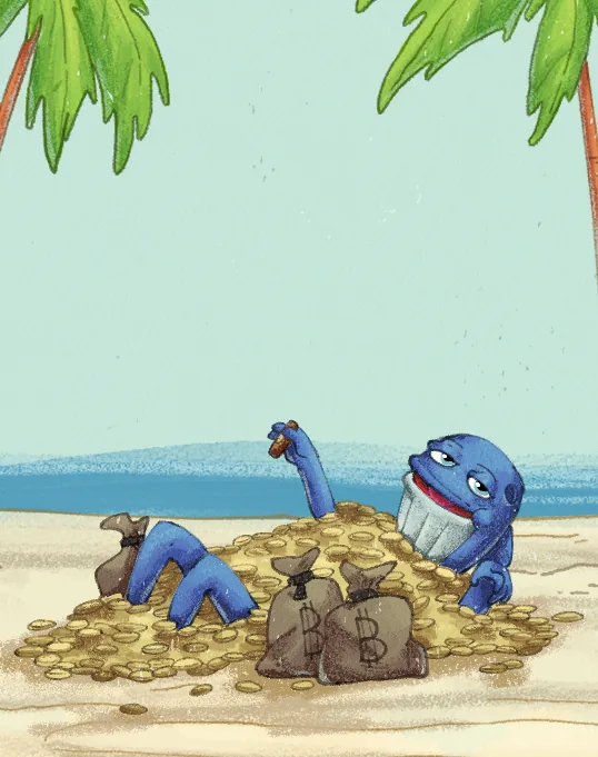 Moby lying on a huge pile of gold coins and money bags