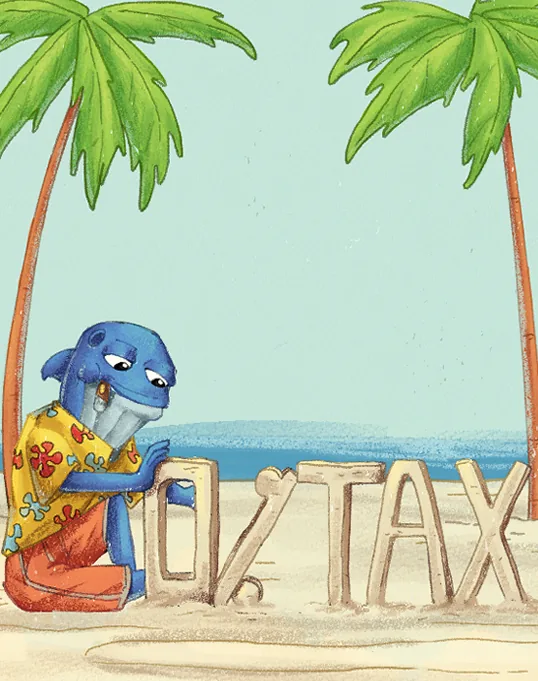 Moby writing “0% tax” in the sand between palm trees